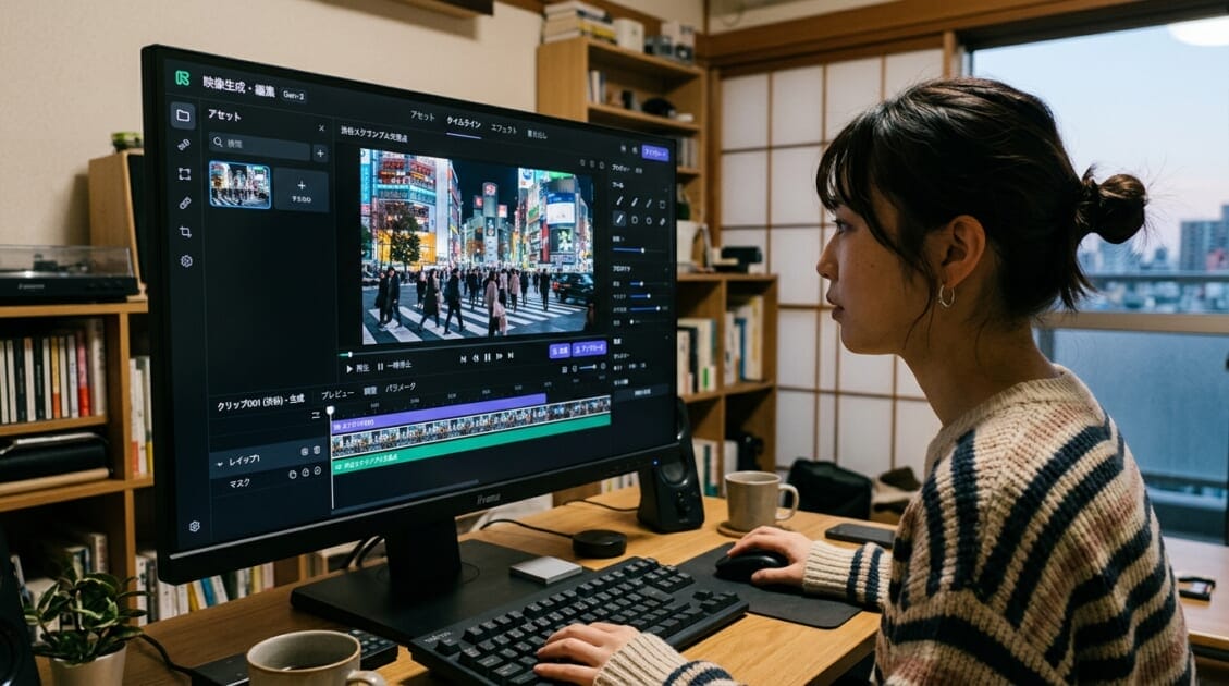 Runway AIのインターフェースを表示しているコンピュータ画面のクローズアップ