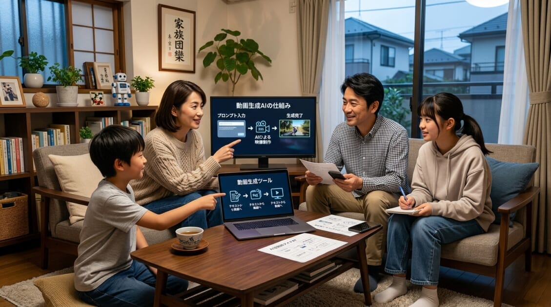 動画生成AIツールについて話し合う日本の家族