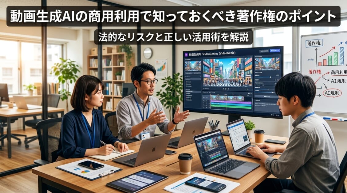 AI生成動画コンテンツを議論する日本のオフィスシーン