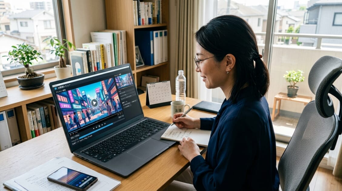 AI生成動画をノートパソコンで確認する日本のビジネスウーマン